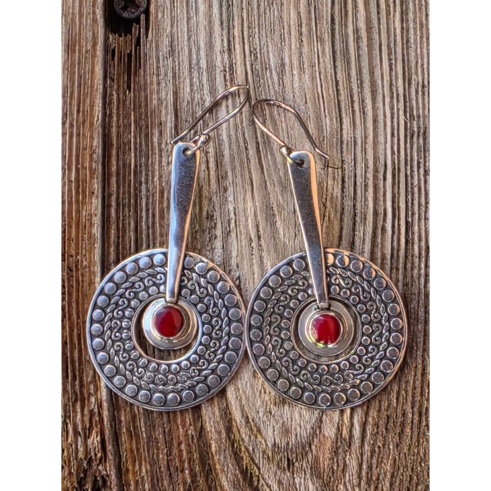 Vintage AMPARO Mexico 925 Sterling Silver / Garnet Dangle Earrings, Modernist